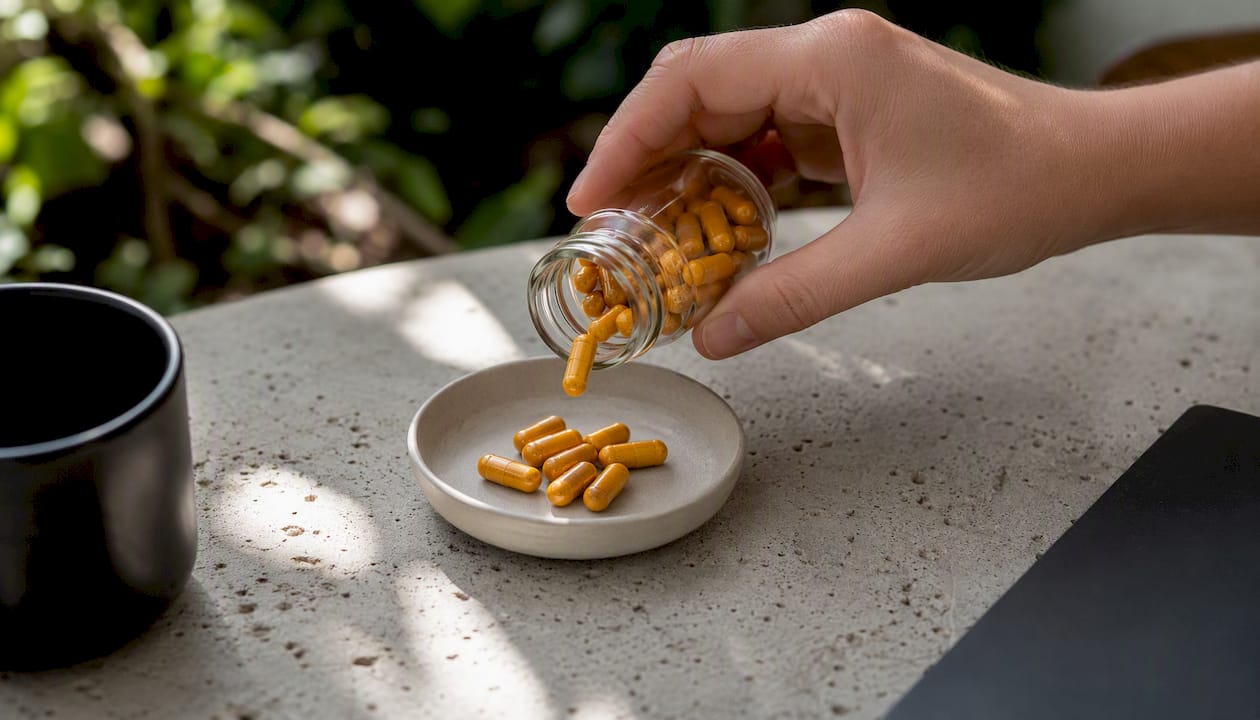 Hand pouring turmeric capsules into glass