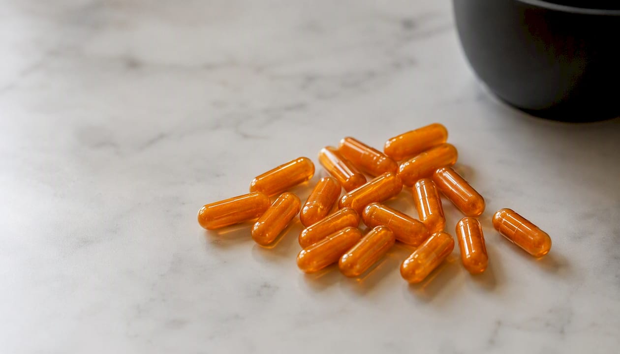 Close-up of MK-7 vitamin K2 capsules on stone slab