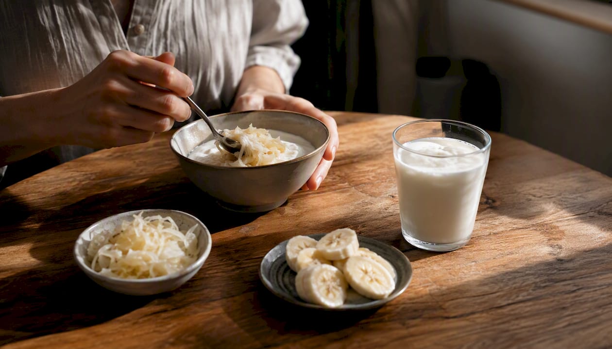 Hands adding prebiotic food during gradual gut health plan