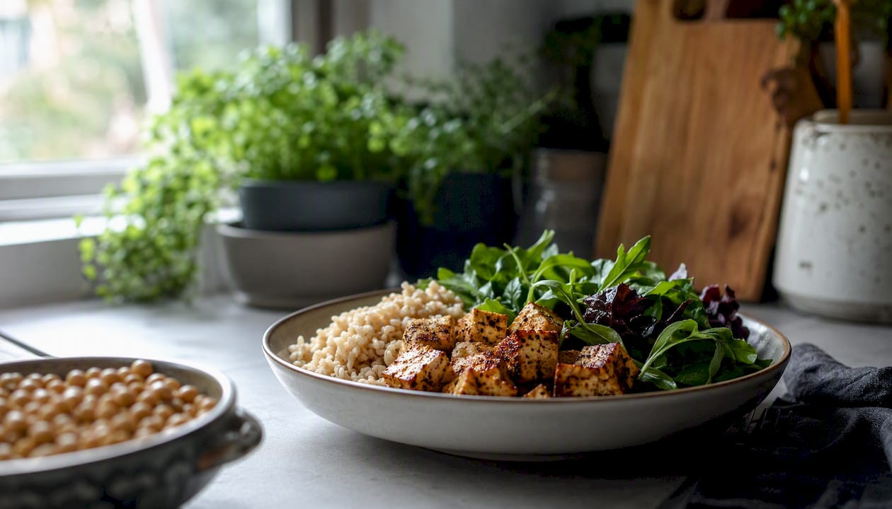 Healthy meal featuring soy protein tofu