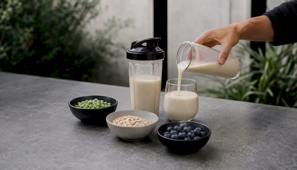 Pouring pea protein shake in glass
