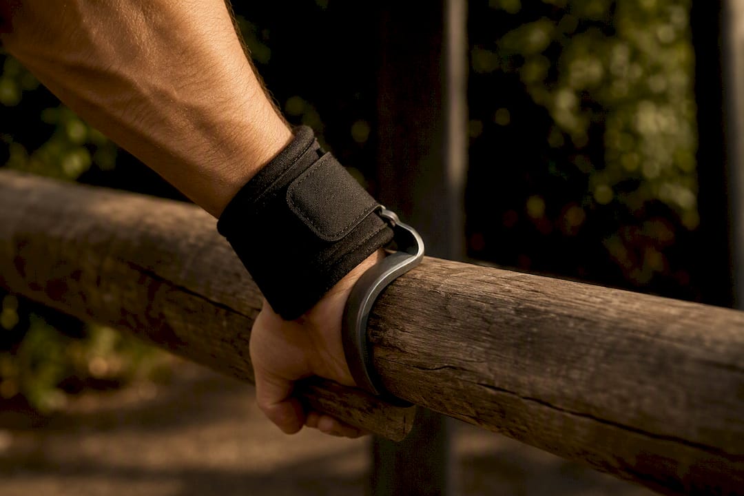 Close-up of lifting hook on wrist and pull-up bar