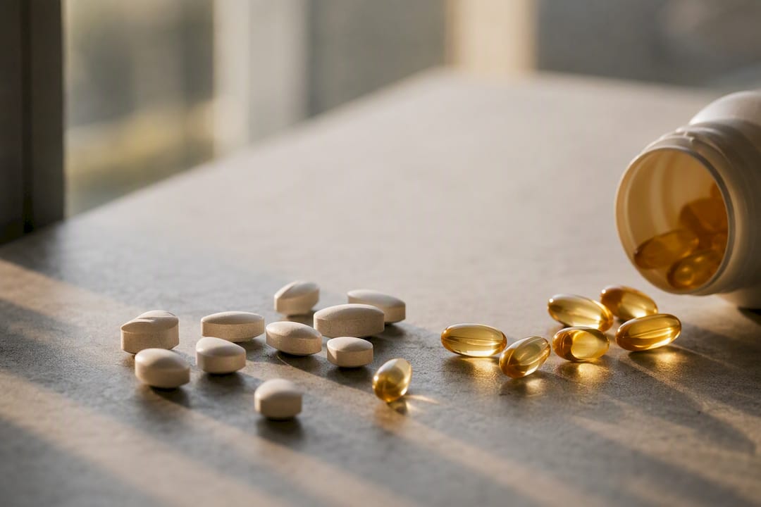 Vitamin D capsules spilled near calcium tablets