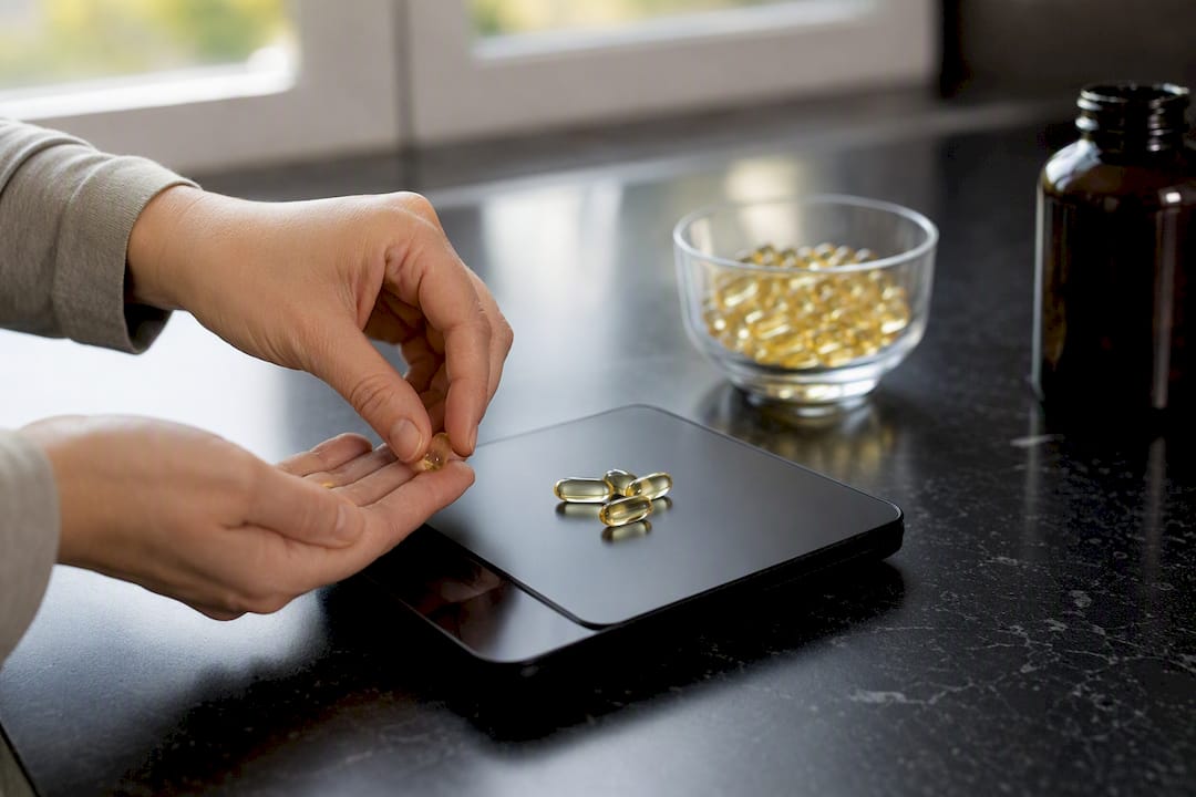 Hands measuring omega-3 capsules on kitchen scale