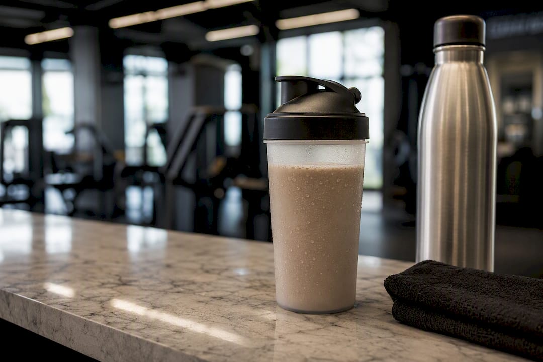 Whey protein shake on gym counter