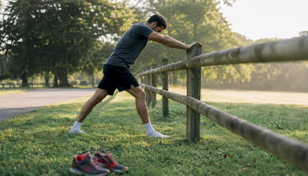 Athlete stretching calf muscle indoors