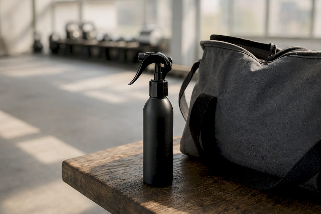 Topical magnesium spray bottle by gym bag