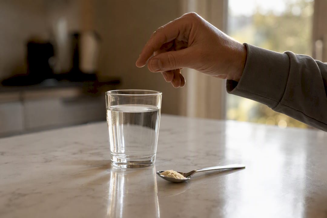 Clear glass of water with protein powder for taste test
