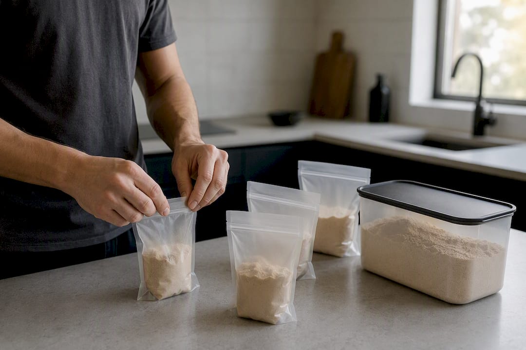Resealable bags with protein powder for travel