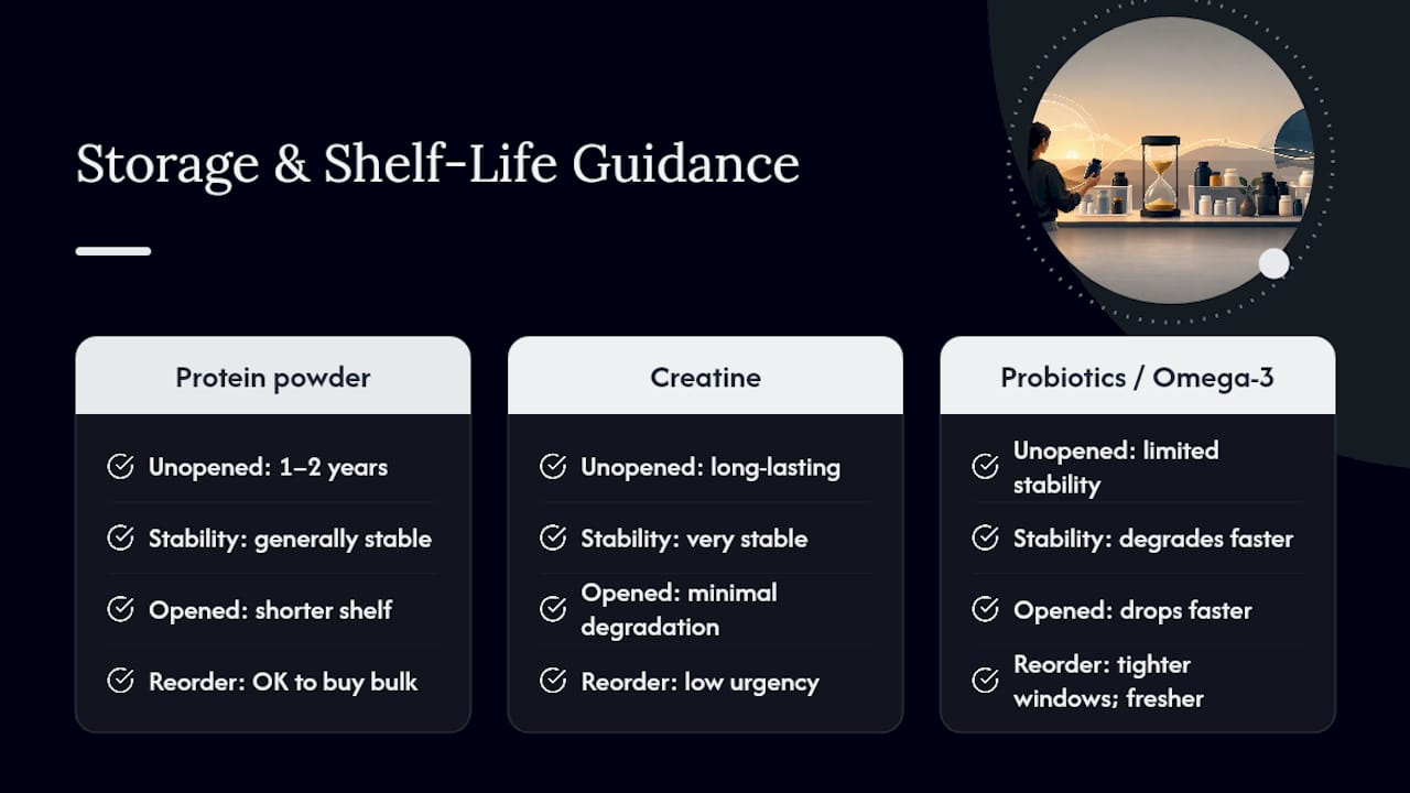 Supplement shelf life and storage comparison