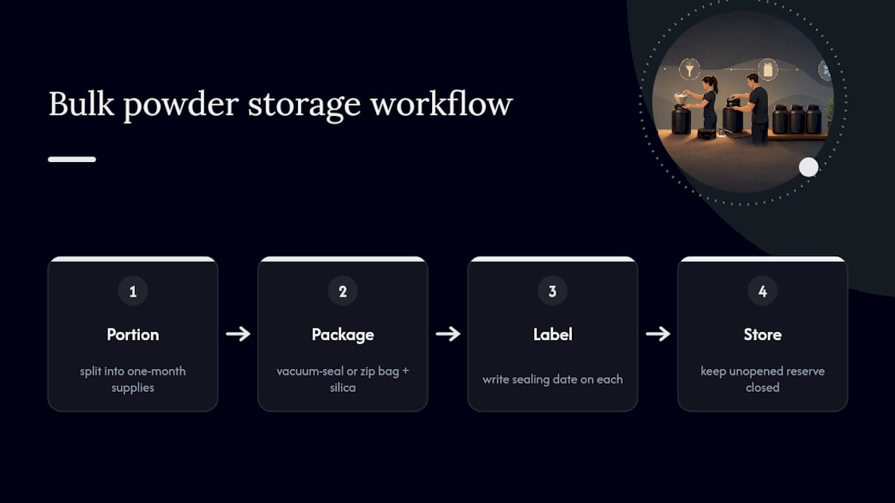 Bulk protein powder portioning and sealing workflow