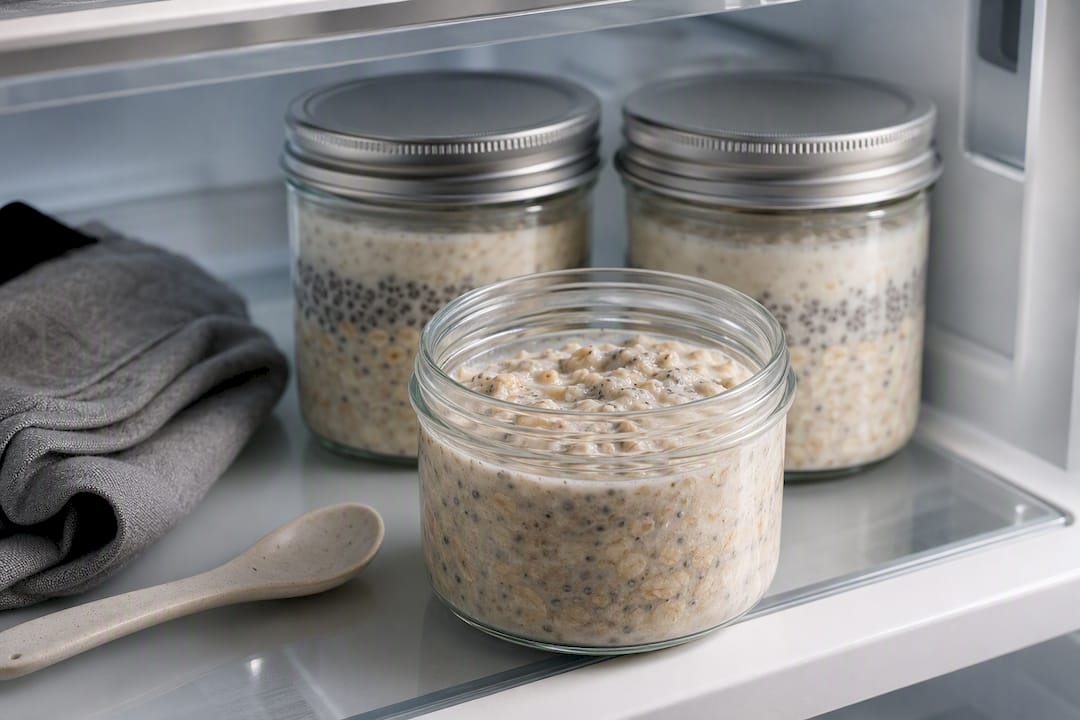 Chia overnight protein oats in glass jars