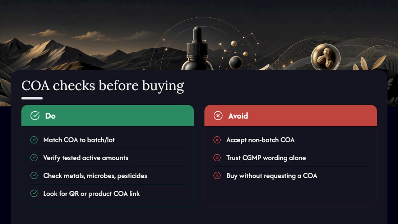 COA checks for batch, actives and contaminants