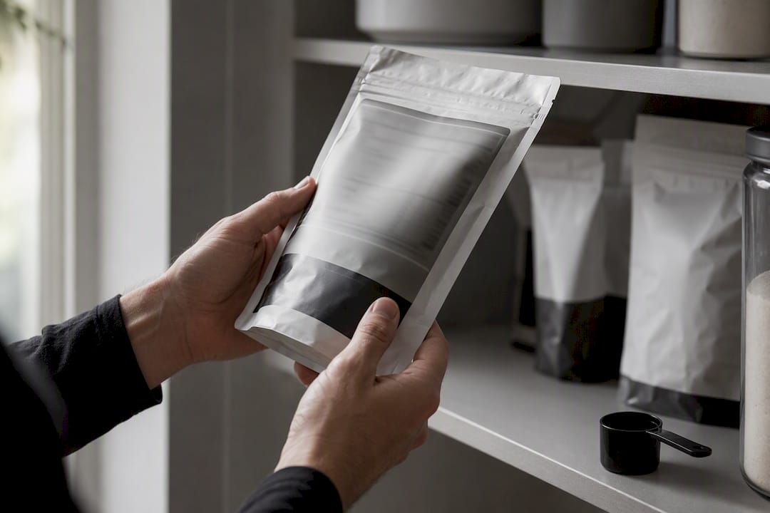 Hands checking supplement label details