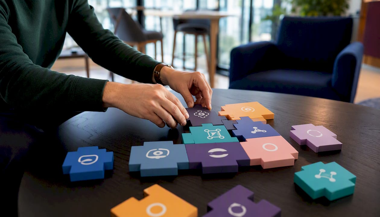 Hands assembling modular content blocks