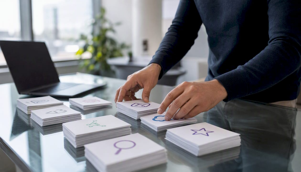 Hands sorting content inventory cards