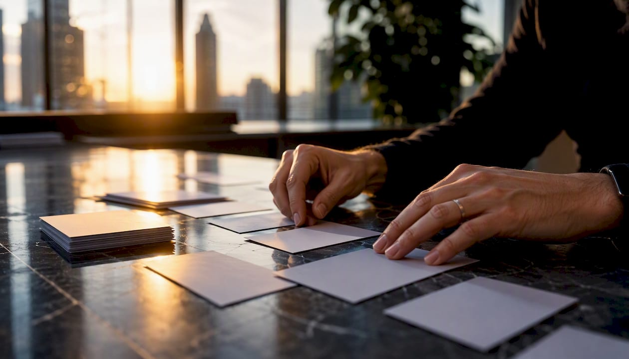 Hands sorting AI system inventory cards on workspace