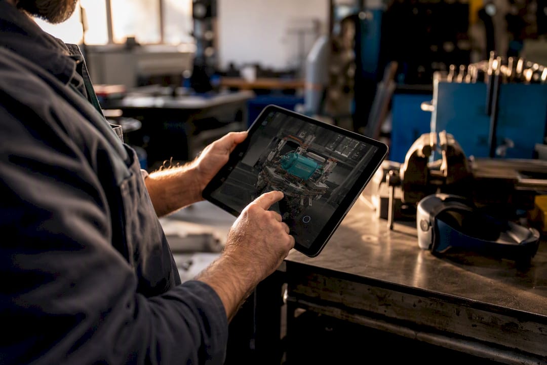 Technician using AR tablet for repair instructions