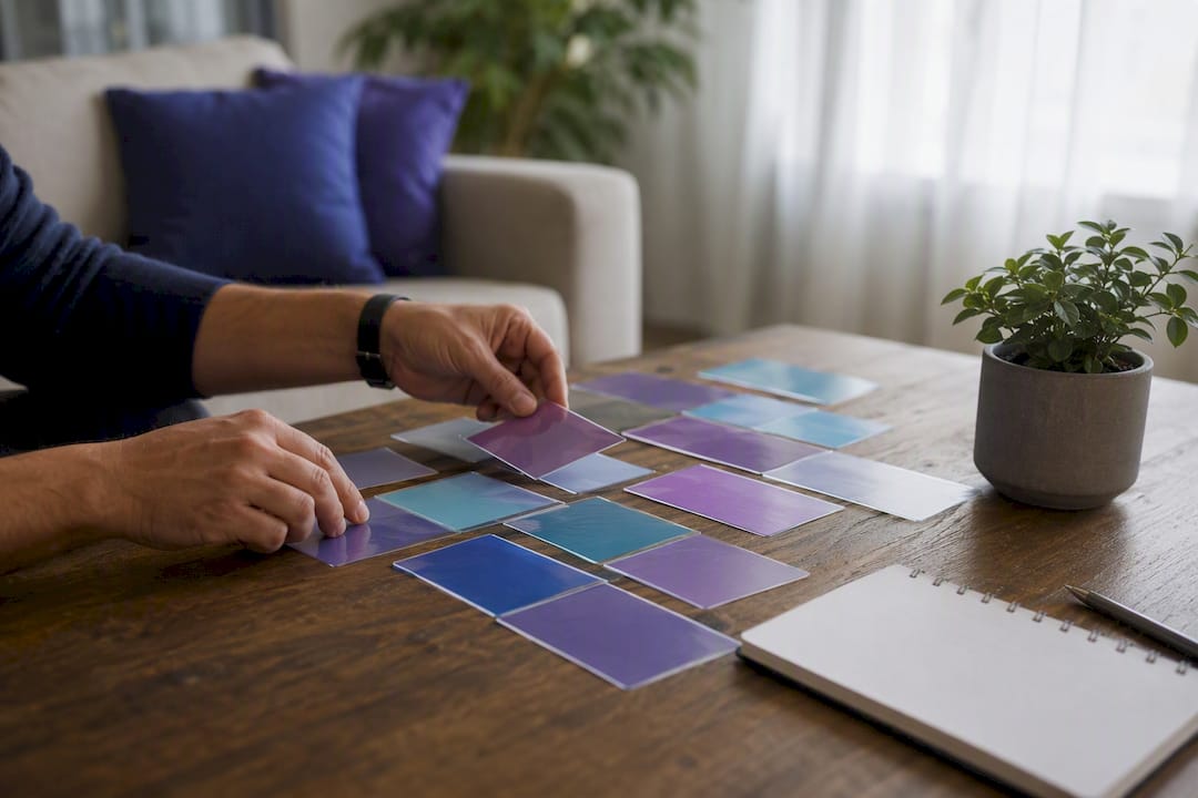 Hands arranging skill cards on a desk