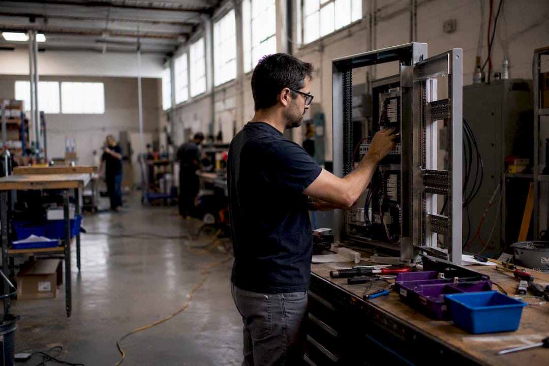 Engineer adjusting control panel switches in workspace