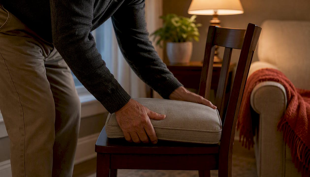 Senior man adjusting chair cushion