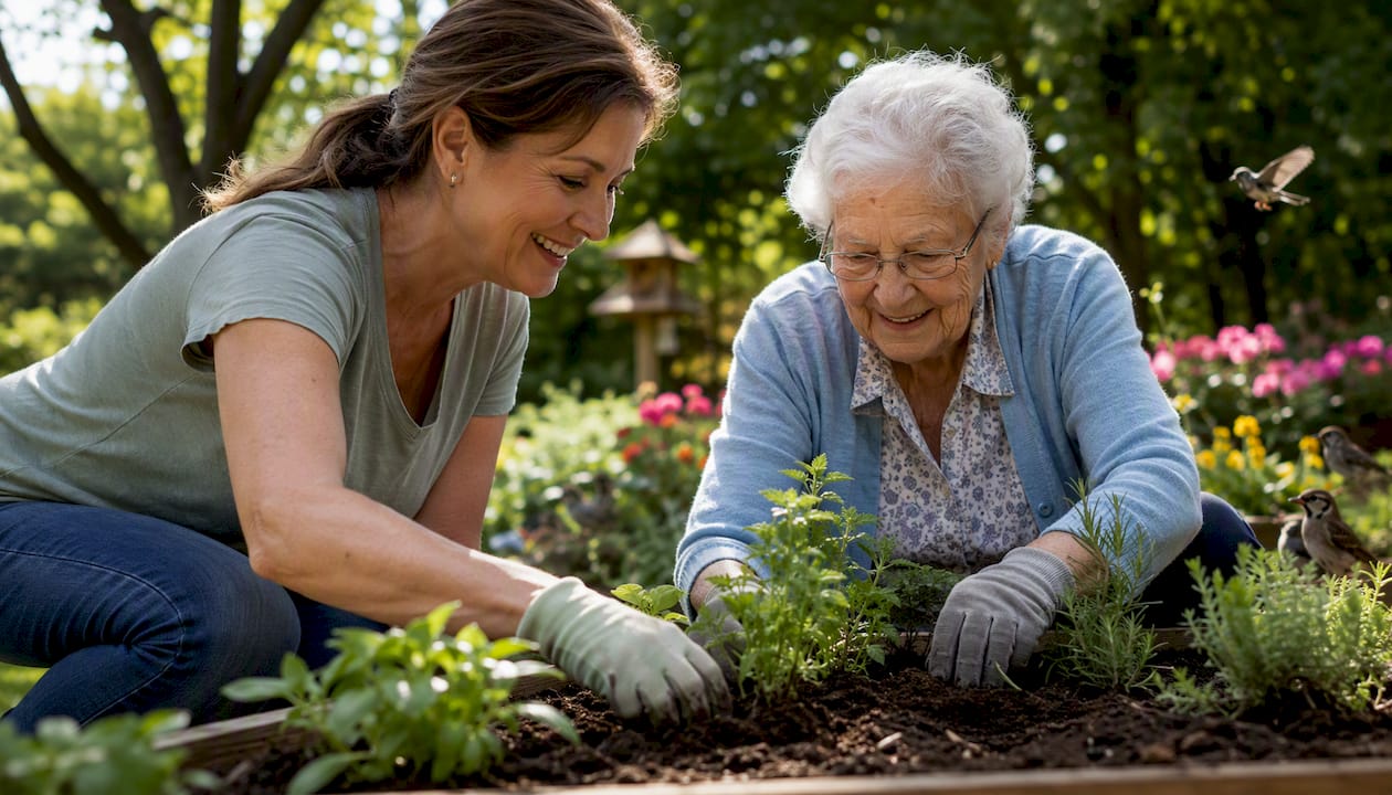 Caregiver and senior planting flowers outdoors