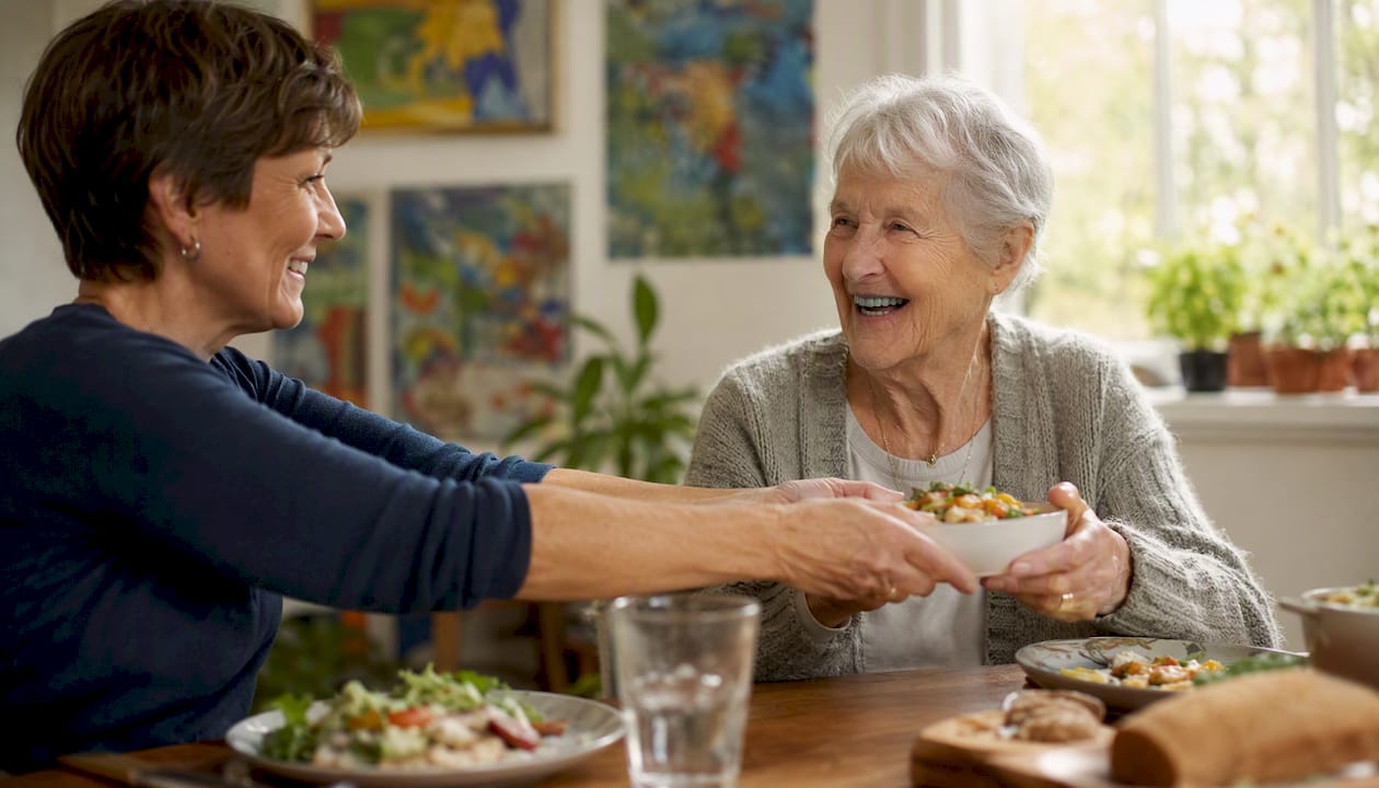 Companion pouring water during shared meal