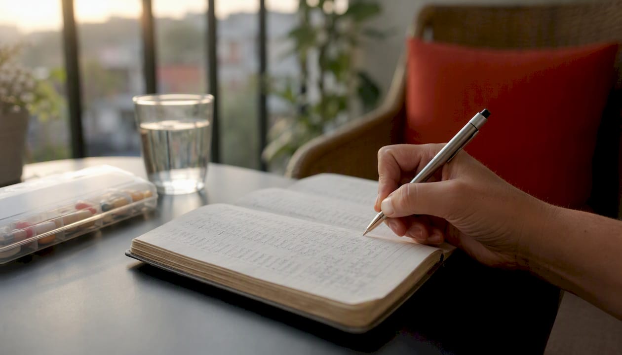 Caregiver documenting medication in log
