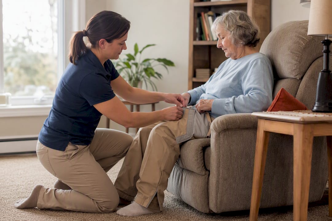 Caregiver kneeling to assist senior dressing