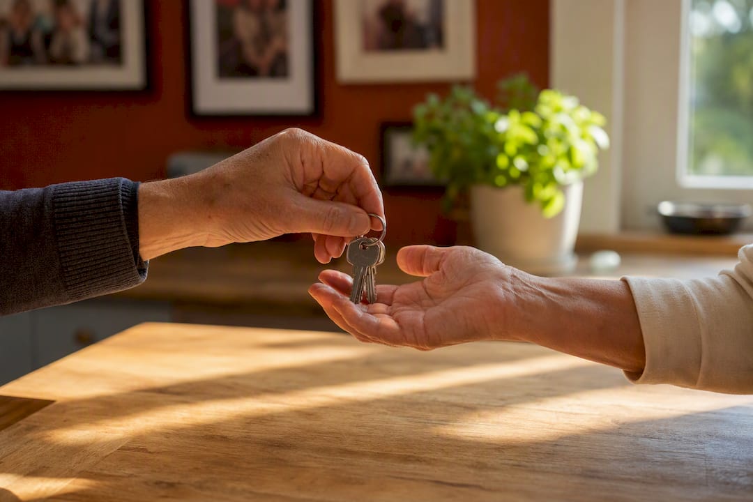 Hands passing house keys for delegation