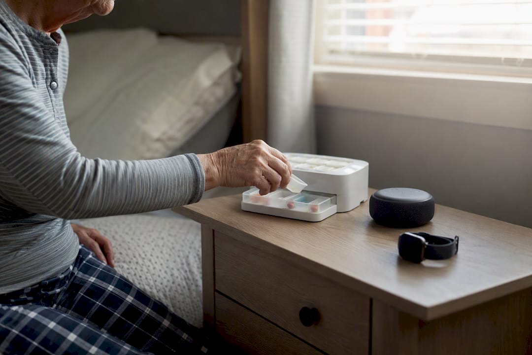 Senior hand using smart pill dispenser