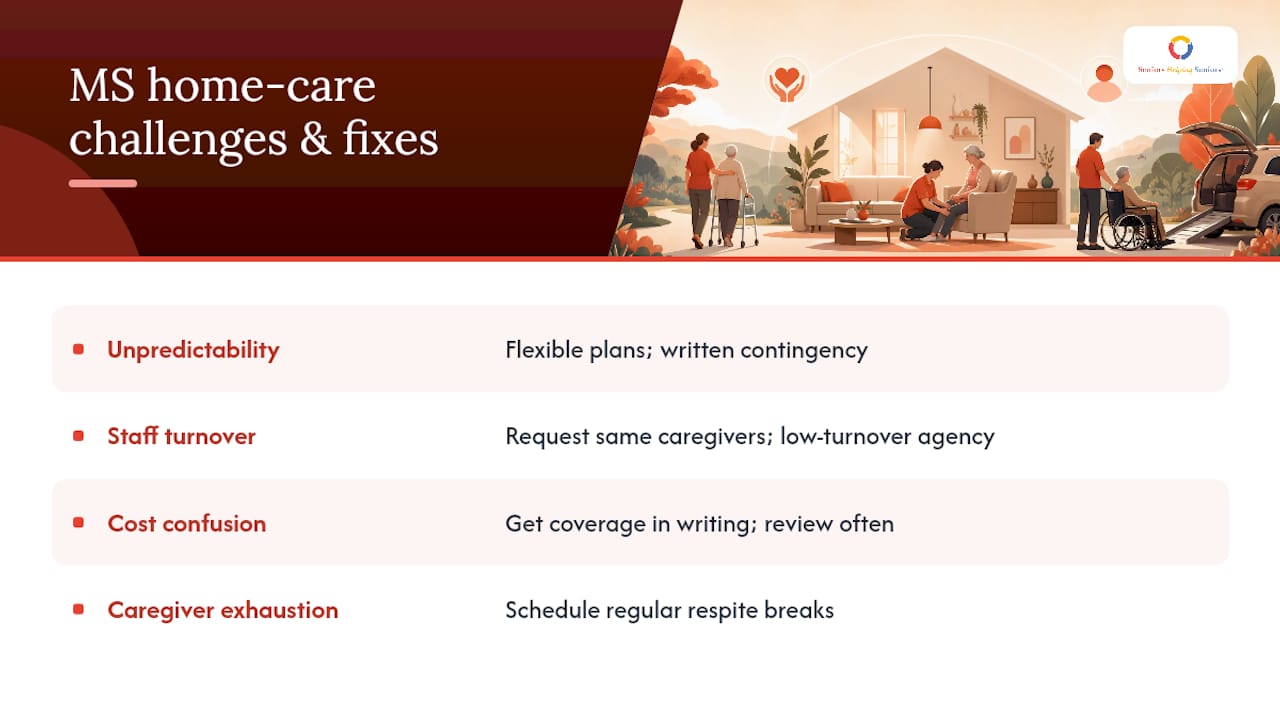 What are the biggest challenges in managing MS home care, and how do families solve them? — overview diagram