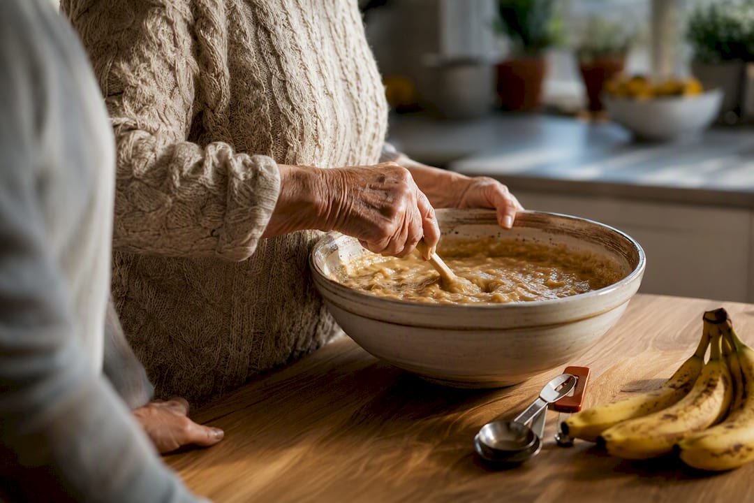 Senior stirring batter during familiar recipe cooking