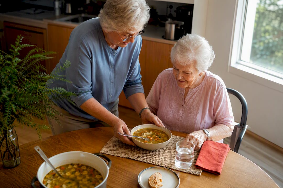 Caregiver sharing lunch with older adult