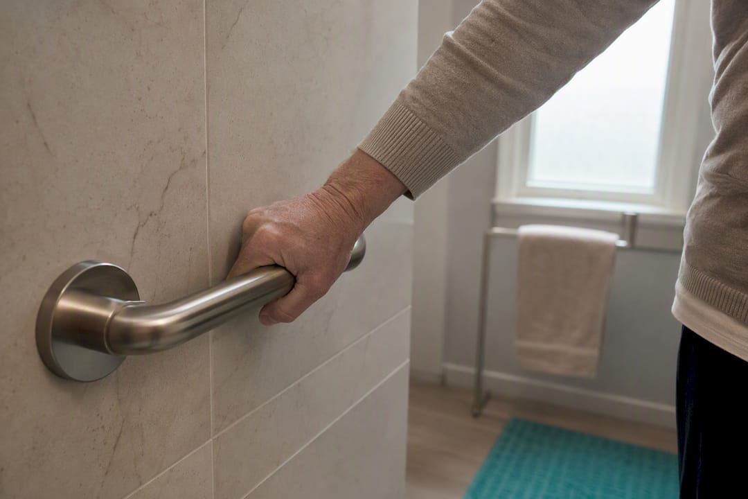 Hand testing securely mounted bathroom grab bar