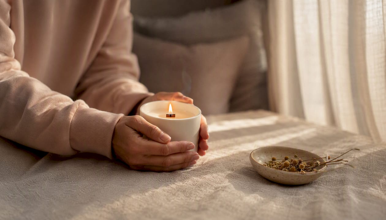 Hands holding lit natural soy wax candle