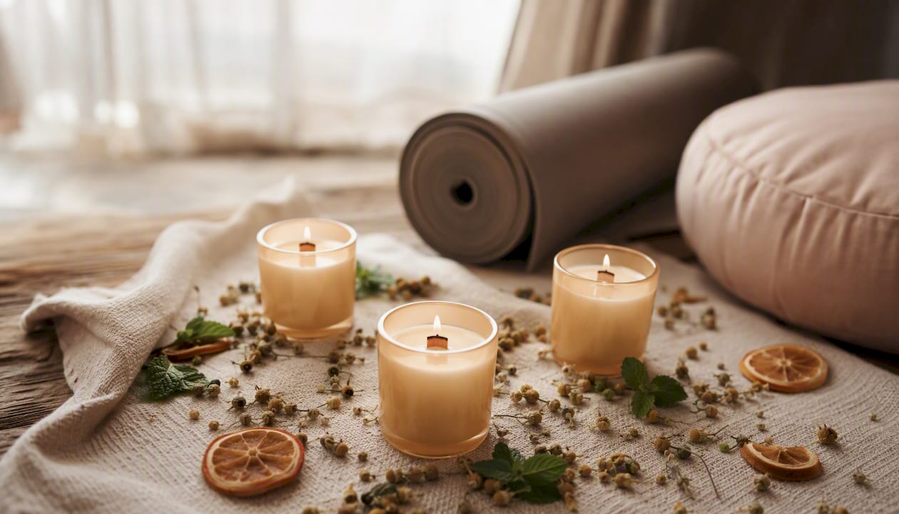 Overhead view of essential oil candles and herbs