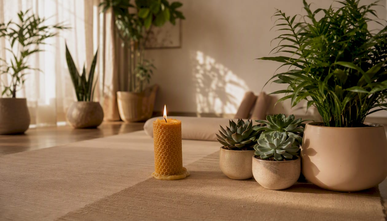 Burning beeswax candle in yoga studio corner