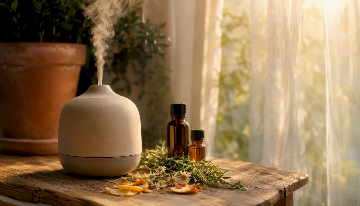 Diffuser with essential oil bottles and fresh botanicals