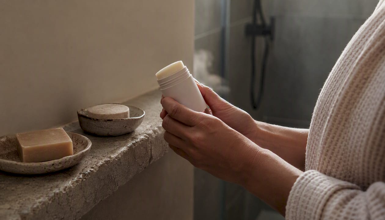 Hands holding refillable deodorant in natural bathroom