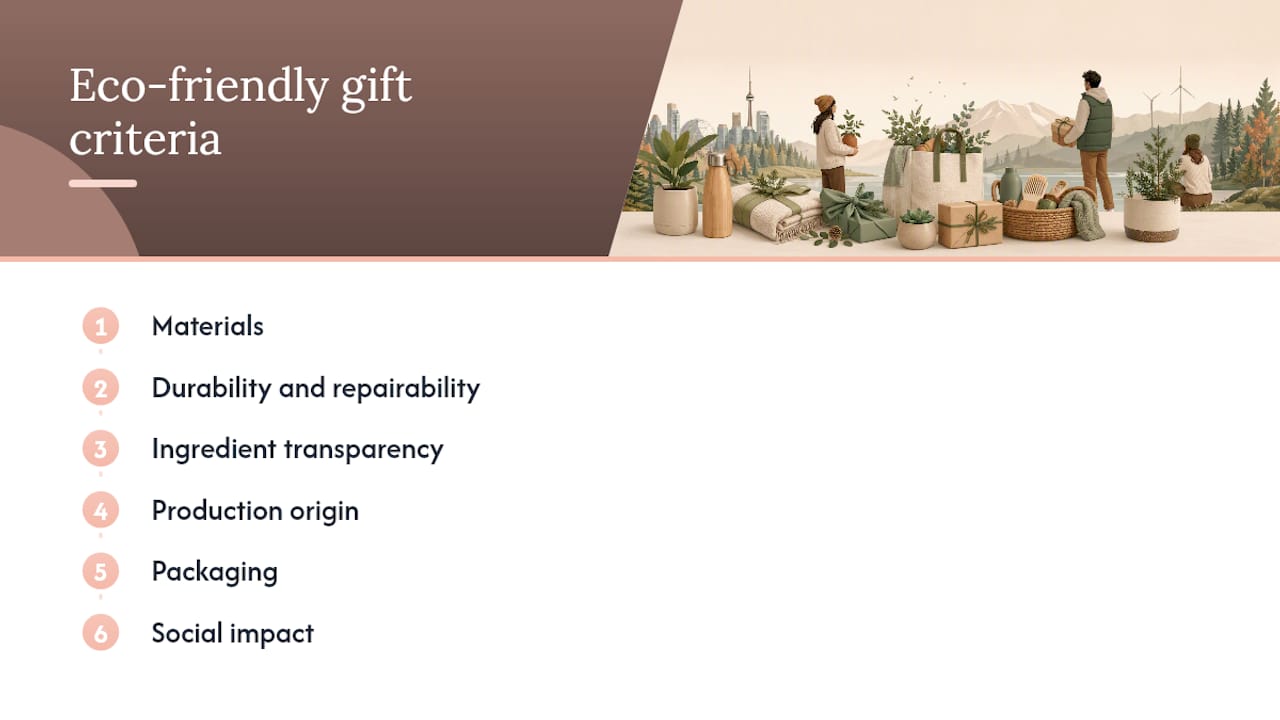 Diagram of six key criteria to avoid greenwashing in gifts