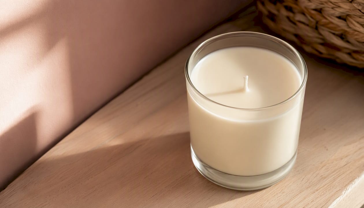 Smooth coconut soy wax surface in glass candle jar