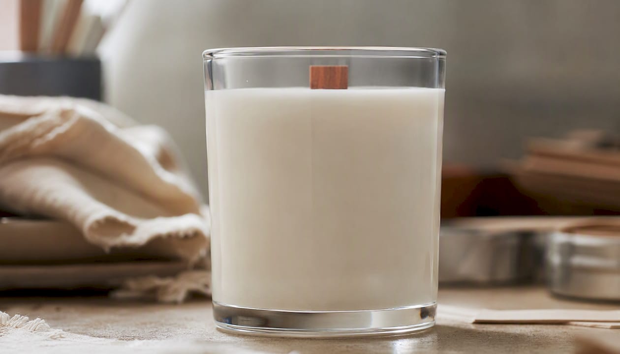 Close-up of coconut soy wax adhering to glass jar interior