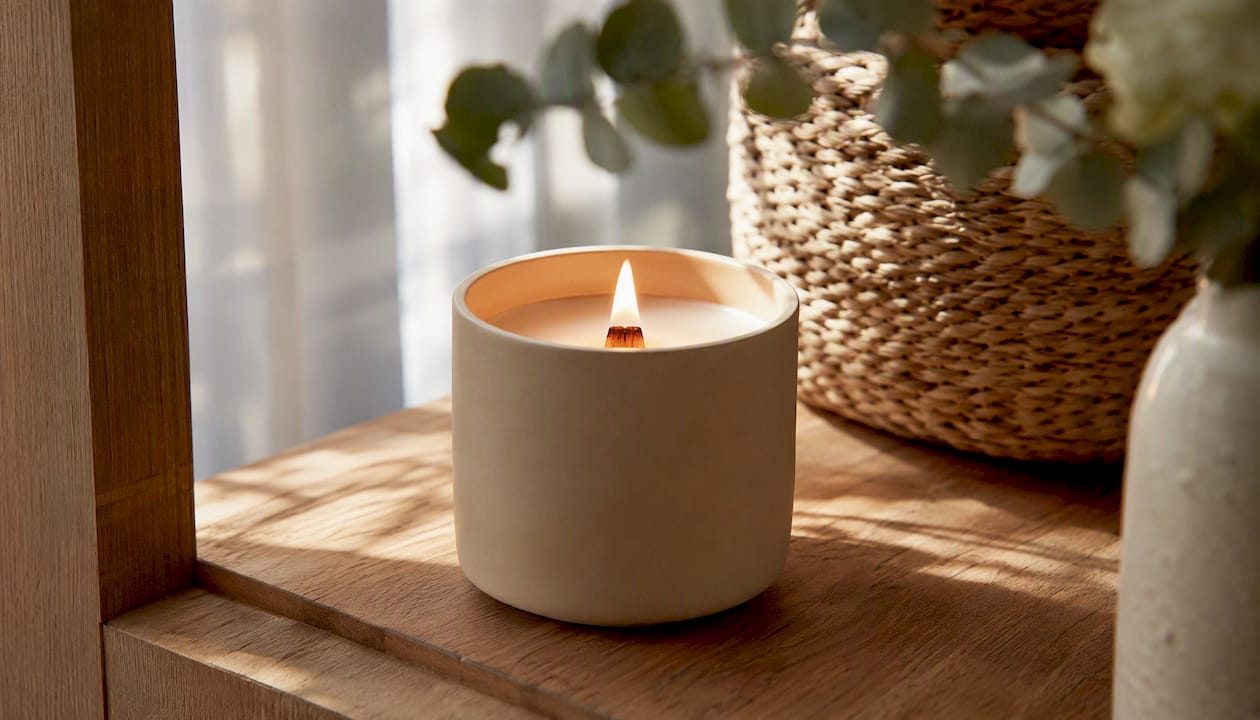 Glowing candle with wooden wick on wood table