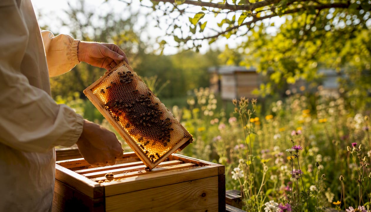 Beekeeper hands lifting honeycomb frame outdoors