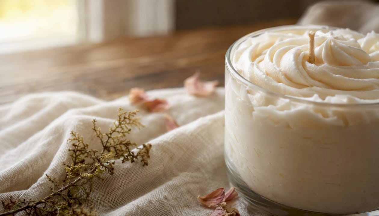 Candle with whipped frosting style decorative wax