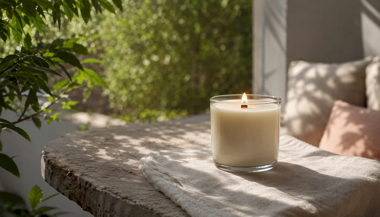 Candle melt pool reaching jar edge with steady flame