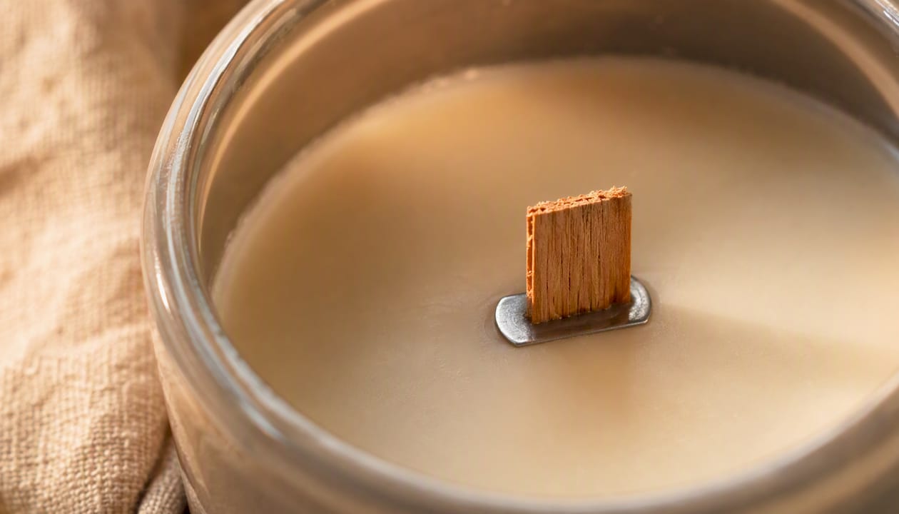 Close-up of wooden wick with metal sustainer tab