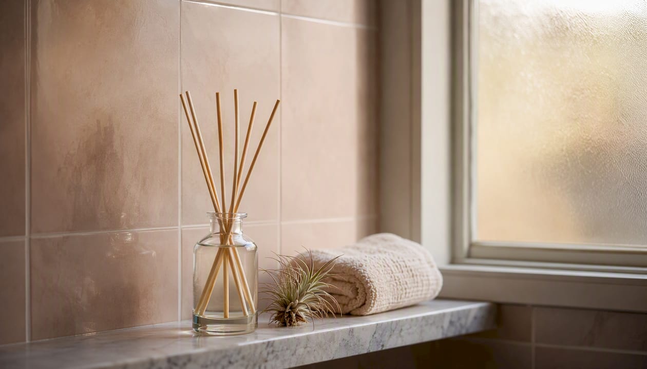 Reed diffuser on bathroom shelf