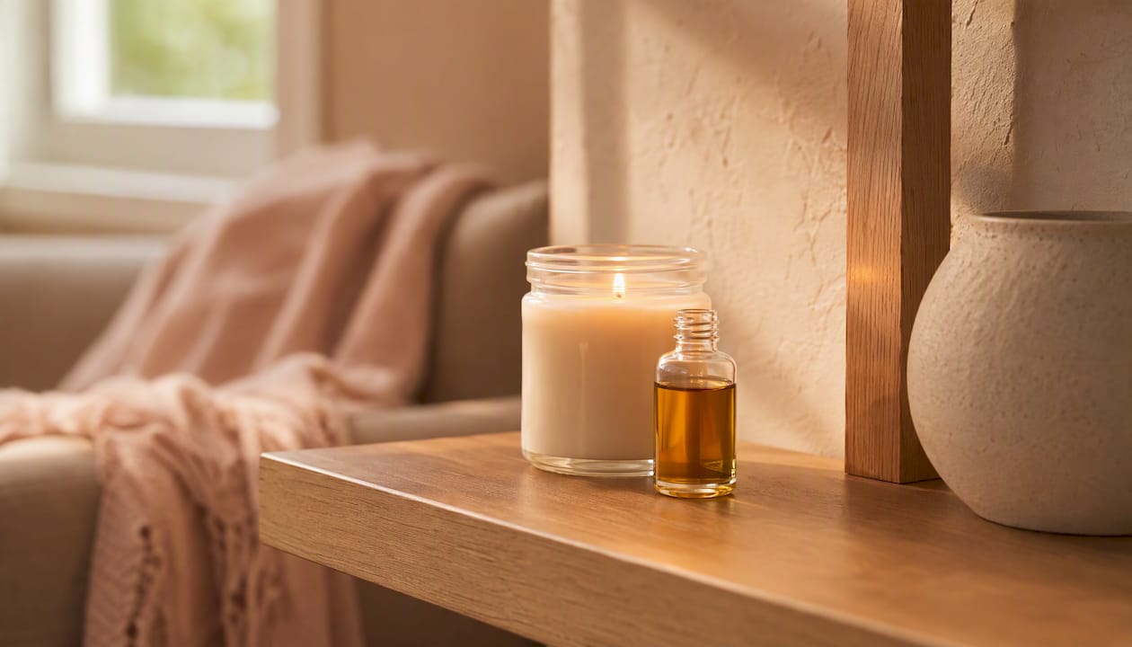 Candle and fragrance vial in natural light